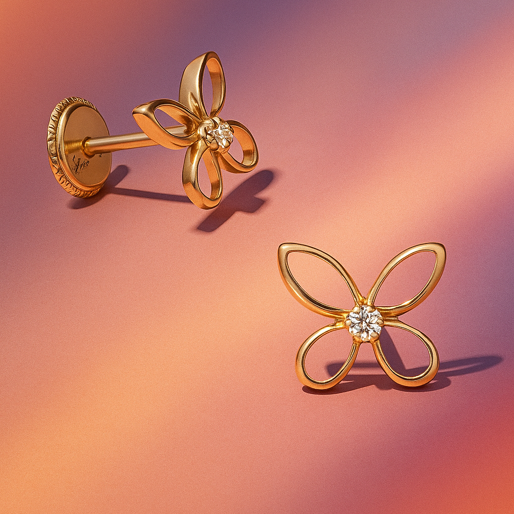 Cercei fluturași din aur roz cu piatră - imagine 3