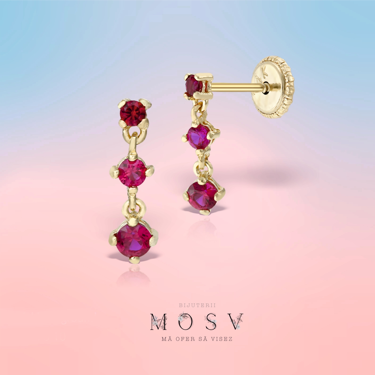 Cercei lănțișor din aur cu pietre roșii - imagine 3