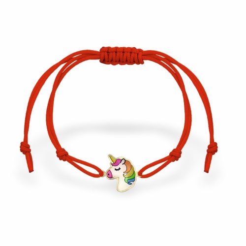 a red string bracelet with a unicorn charm for kids