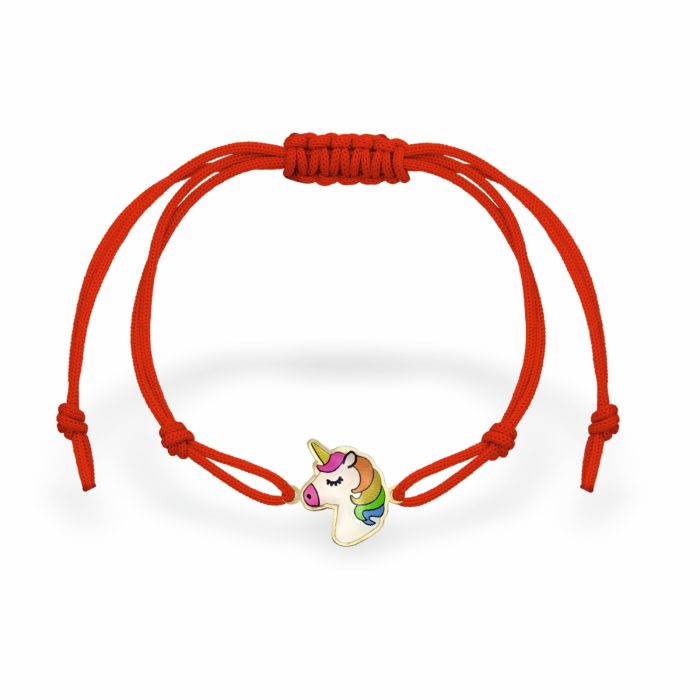 a red string bracelet with a unicorn charm for kids