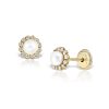 a pair of gold earrings with diamonds and pearl for kids