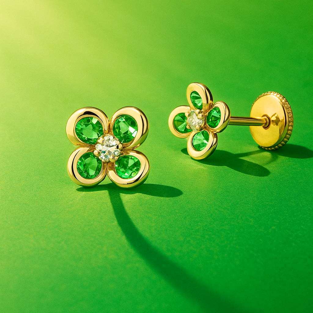 Cercei din aur cu pietricele verzi pentru copii - imagine 3