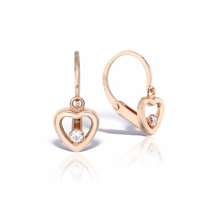 a pair of pink gold earrings for babies with a diamond in the middle