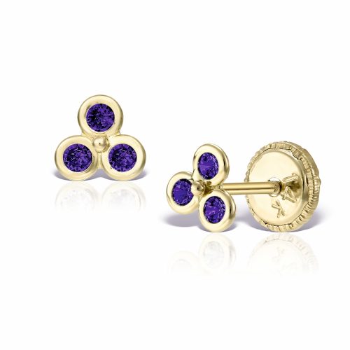 a pair of gold earrings with purple stones for new borns