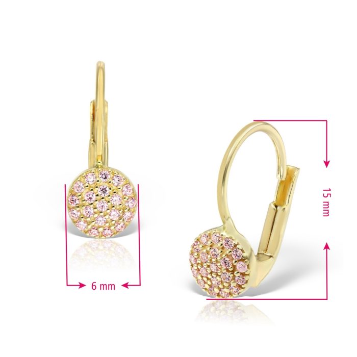 a pair of gold earrings with pink crystals