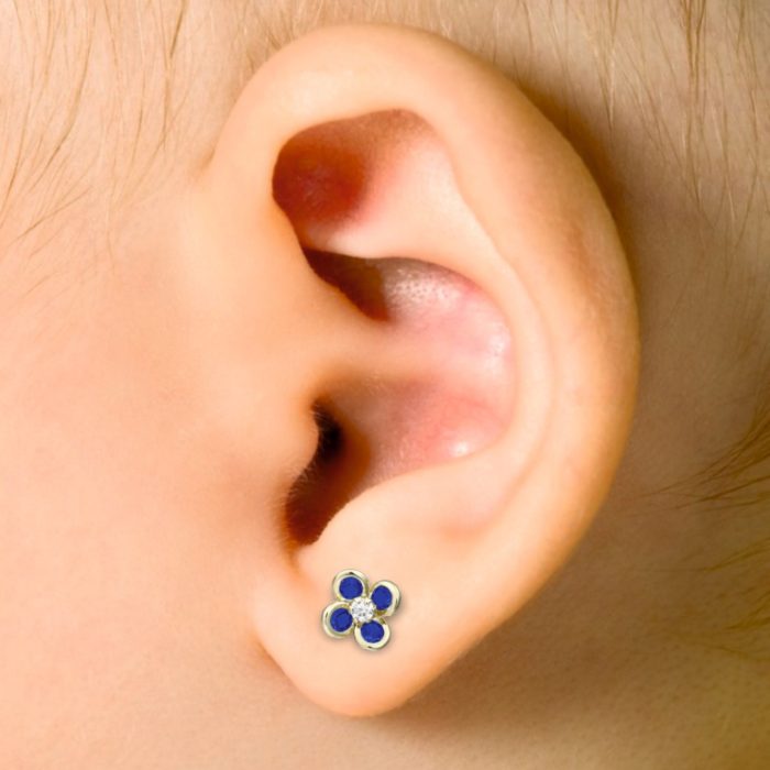 a close up of a ear with gold earrings