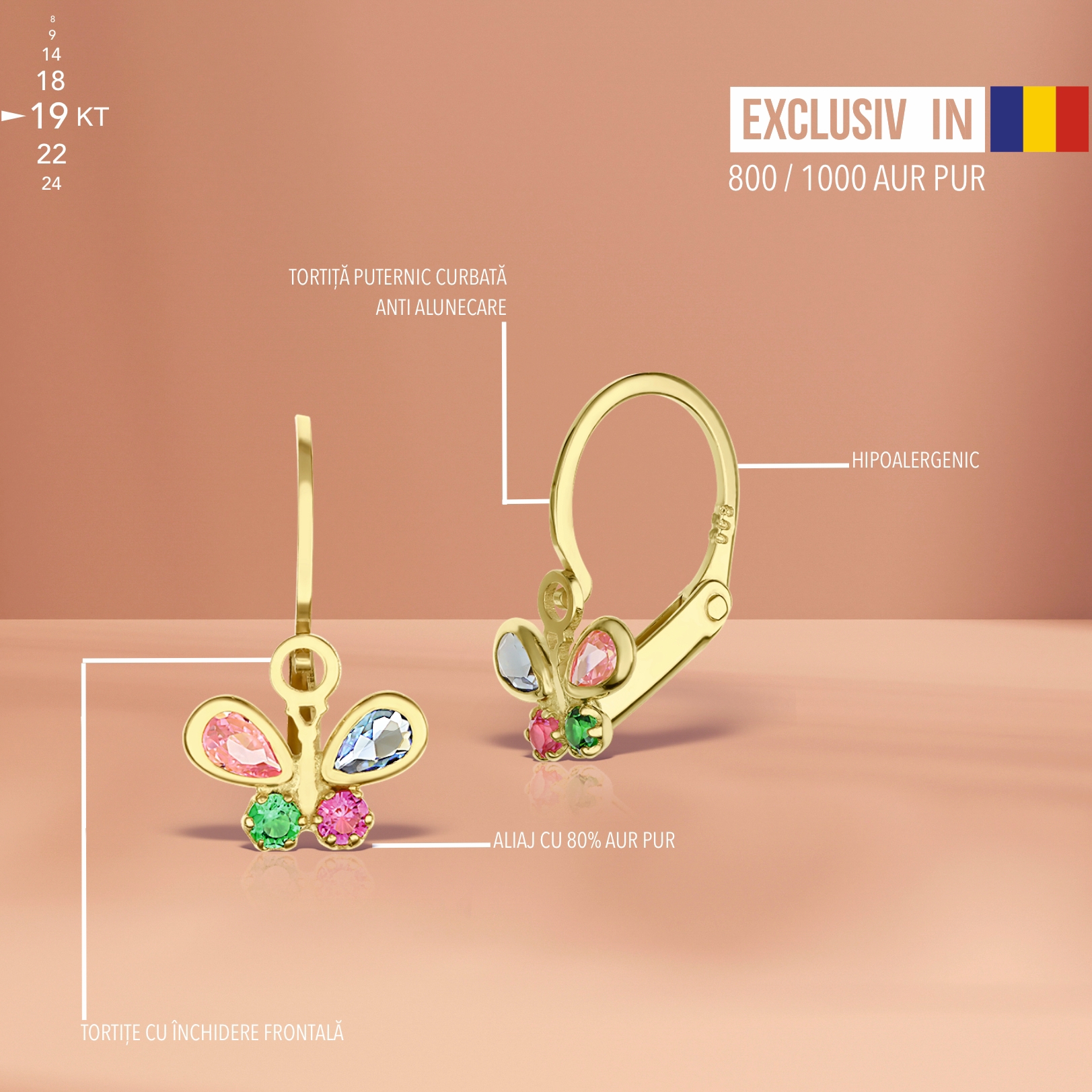 Cercei din aur 19KT model cu tortițe - imagine 2
