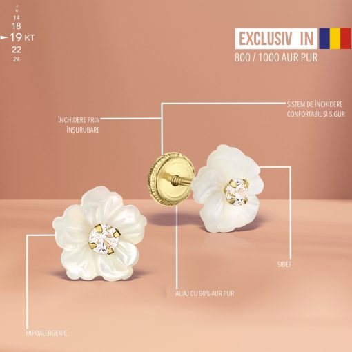 Cercei din aur 19 KT cu floricele din sidef - imagine 3